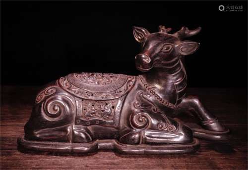 A Chinese Carved Zitan Deer Decoration