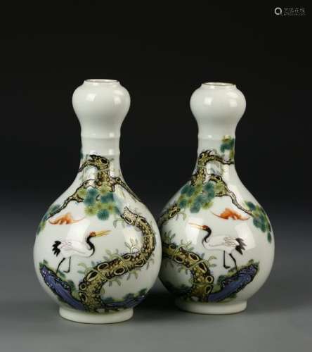 Pair of Chinese Famille Rose Garlic-Mouth Vases