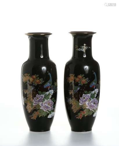 Two Japanese Mirror-Black Glazed Rouleau Vases