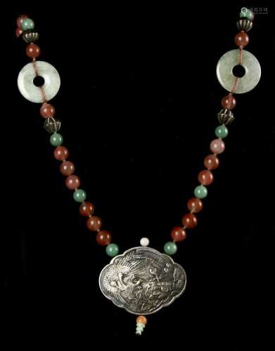 Chinese Silver Agate Jade Necklace