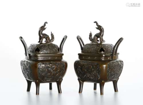 Pair of Chinese Bronze Incense Burners