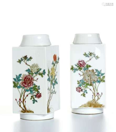 Pair of Chinese Famille Rose Cong-Form Vases