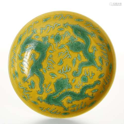 Chinese Yellow-Ground Green-Enameled Dish