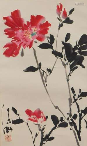 Japanese Red Flowers Hanging Wall Scroll Painting