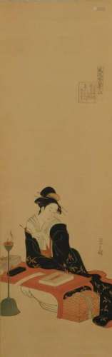 Japanese Studying Geisha Hanging Wall Scroll