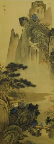 Japanese Mountain Landscape Hanging Wall Scroll