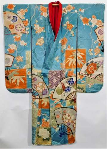 Meiji Period Pale Blue and Flowers Furisode Kimono