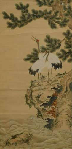 Japanese Painted Cranes Hanging Wall Scroll