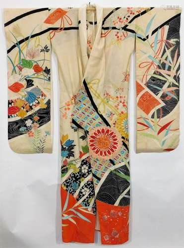 Meiji Period Blue Painted Flowers Furisode Kimono