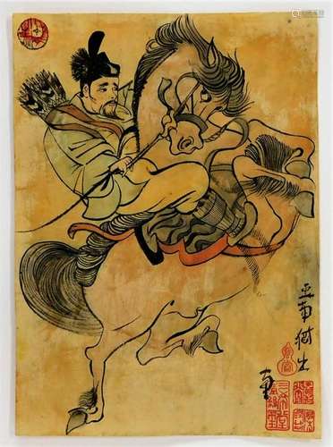 Antique Chinese Archer Warrior Watercolor Painting