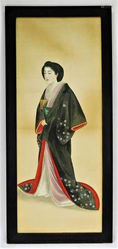 Japanese Watercolor Silk Painting of Lavish Geisha