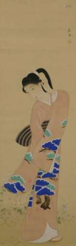 Japanese Young Woman Hanging Wall Scroll Painting