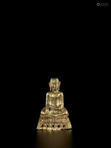 A CHAM REPOUSSÉ GOLD FIGURE OF THE BUDDHA SHAKYAMU…