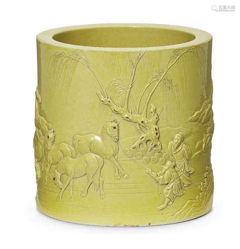 A rare Chinese porcelain 'Eight Horses of Mu Wang' brush pot by Chen Guozhi, 19th century, carved in