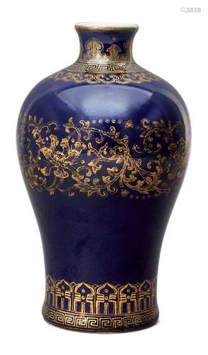 A rare Chinese porcelain monochrome meiping, Qianlong mark and of the period, finely gilt-painted to