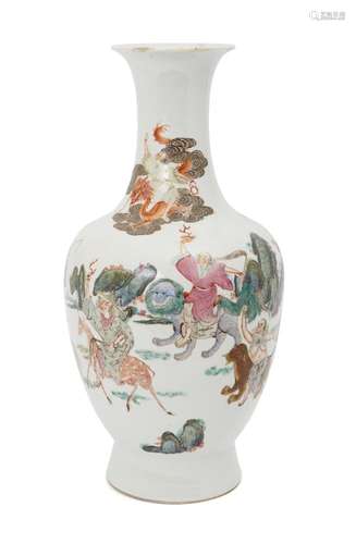 A large Chinese porcelain baluster vase, 19th century, painted in famille rose enamels with five