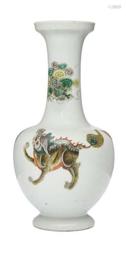 A Chinese porcelain 'mythical beasts' bottle vase, 19th century, painted in famille verte enamels