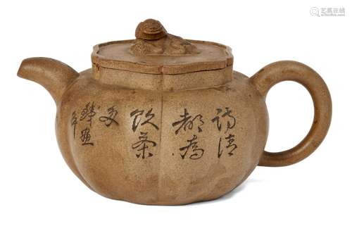 A Chinese yixing melon-form teapot, 19th century, with Buddhist lion finial, incised to the body