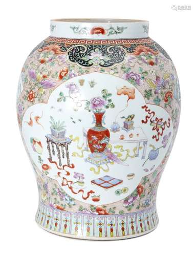 A large Chinese porcelain baluster jar, early 20th century, painted in famille rose enamels with two