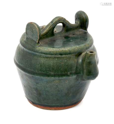 A Chinese provincial earthenware kettle, late 19th century, with allover dark green glaze, 19cm high