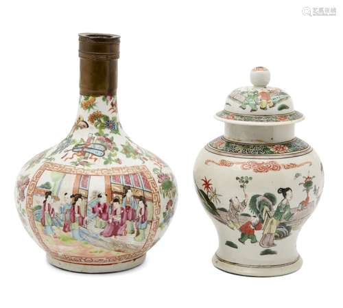 A Chinese porcelain bottle vase and a lidded jar, late 19th century, the bottle vase painted in