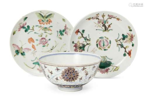 A Chinese porcelain doucai 'lotus' bowl and a pair of famille rose dishes, late 19th - early 20th