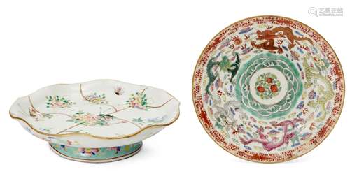 A Chinese porcelain leaf-shaped footed dish, 19th century, painted in famille rose enamels with