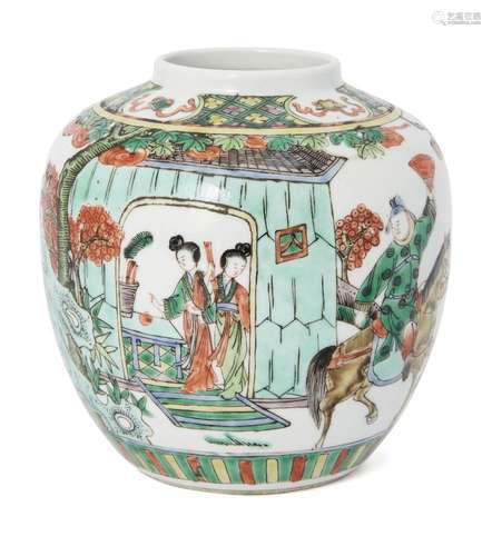 A Chinese porcelain jar, late 19th century, painted in famille verte enamels depicting a man