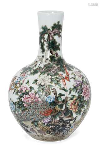 A large Chinese porcelain vase, tianqiuping, Republic period, painted in enamels with exotic birds