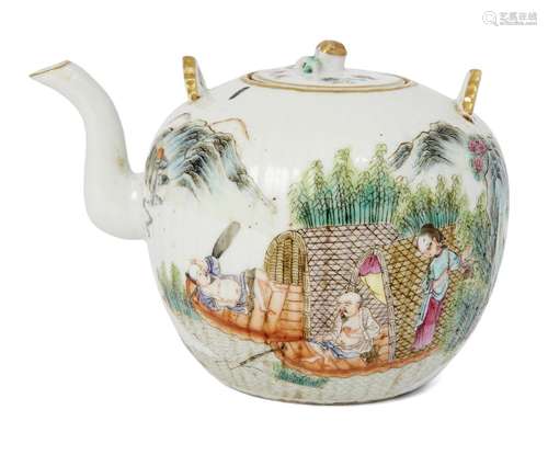 A Chinese porcelain teapot, Republic Period, painted in famille rose enamels with figures fishing