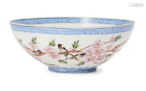 A Chinese eggshell porcelain bowl, 20th century, painted in famille rose enamels with birds