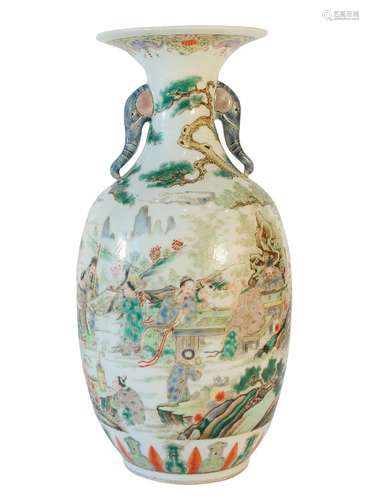 A Chinese porcelain baluster vase, Republic period, painted in famille verte enamels with scholars