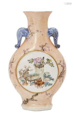 A Chinese porcelain moon flask, 20th century, painted in famille rose enamels to the central reserve