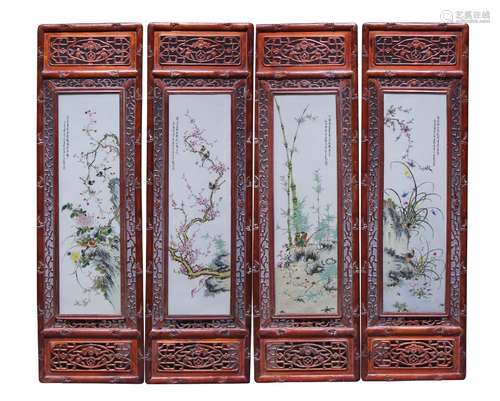 A set of four large Chinese porcelain rectangular plaques, Republic period, painted with exotic