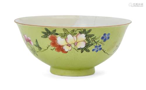 A Chinese porcelain ogee bowl, 19th century, painted in famille rose enamels on a sgraffito lime