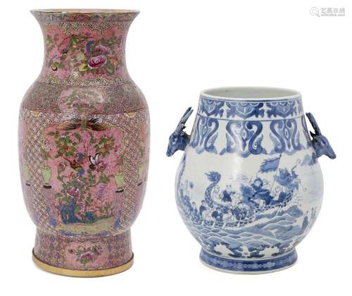 A Chinese porcelain pink ground baluster vase, 19th century, painted in famille rose enamels with