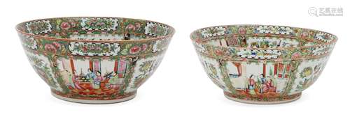 Two large Chinese Canton porcelain famille rose punch bowls, early 20th century, each decorated with