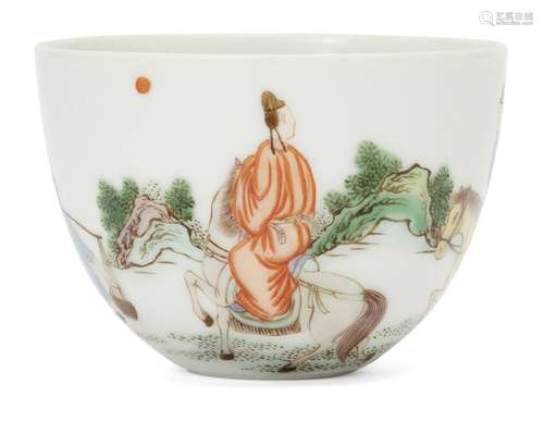 A Chinese porcelain wine cup, 20th century, painted in famille verte enamels with riders on