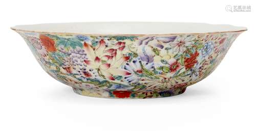 A Chinese porcelain 'millefleurs' bowl, Republic period, painted in famille rose enamels to exterior