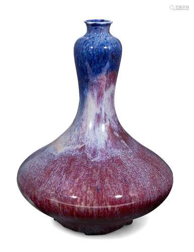 A Chinese porcelain flambé garlic-head vase, Republic period, the neck covered in a lilac-blue