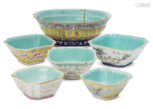 Six Chinese porcelain bowls, 19th century, painted in famille rose enamels, iron red seal marks to