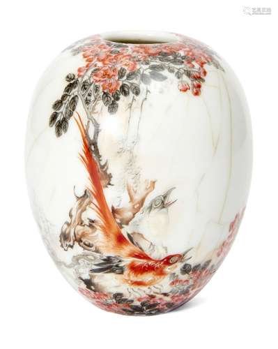 A Chinese porcelain ovoid vase, 20th century, painted with two birds amidst blossoming foliage,