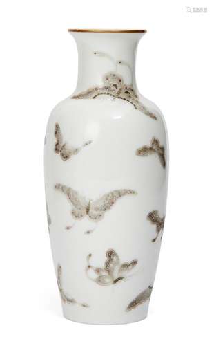 A Chinese porcelain vase, 20th century, painted in enamels with butterflies, apocryphal blue