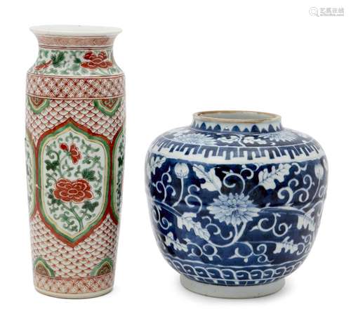 A Chinese porcelain Ming style jar and a wucai sleeve vase, 19th century, the jar painted in