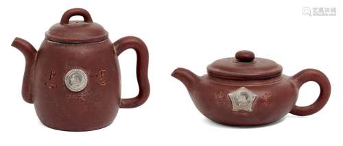 Two Chinese yixing Mao Tse Tung teapots, late 20th century, each applied with a plaque depicting the