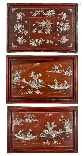 Three Chinese hardwood and mother of pearl inlaid panels, early 20th century, two depicting