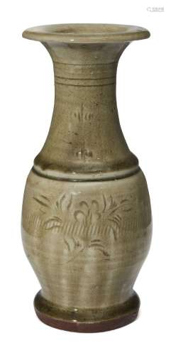 A Chinese grey stoneware Longquan celadon vase, Ming dynasty, incised with floral sprays, 19.5cm