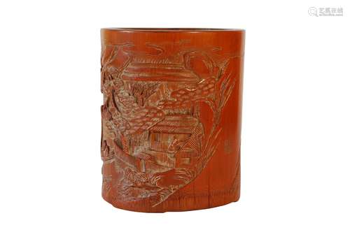 A Chinese bamboo brush pot, 20th century, carved with scholars in a boat within a river landscape,