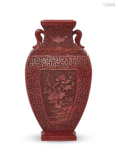 A Chinese cinnabar lacquer archaistic square vase, Qianlong period, finely carved to each side