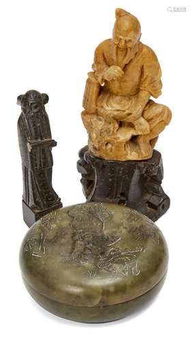 A Chinese soapstone box and cover and two soapstone carvings, early 20th century, the box carved